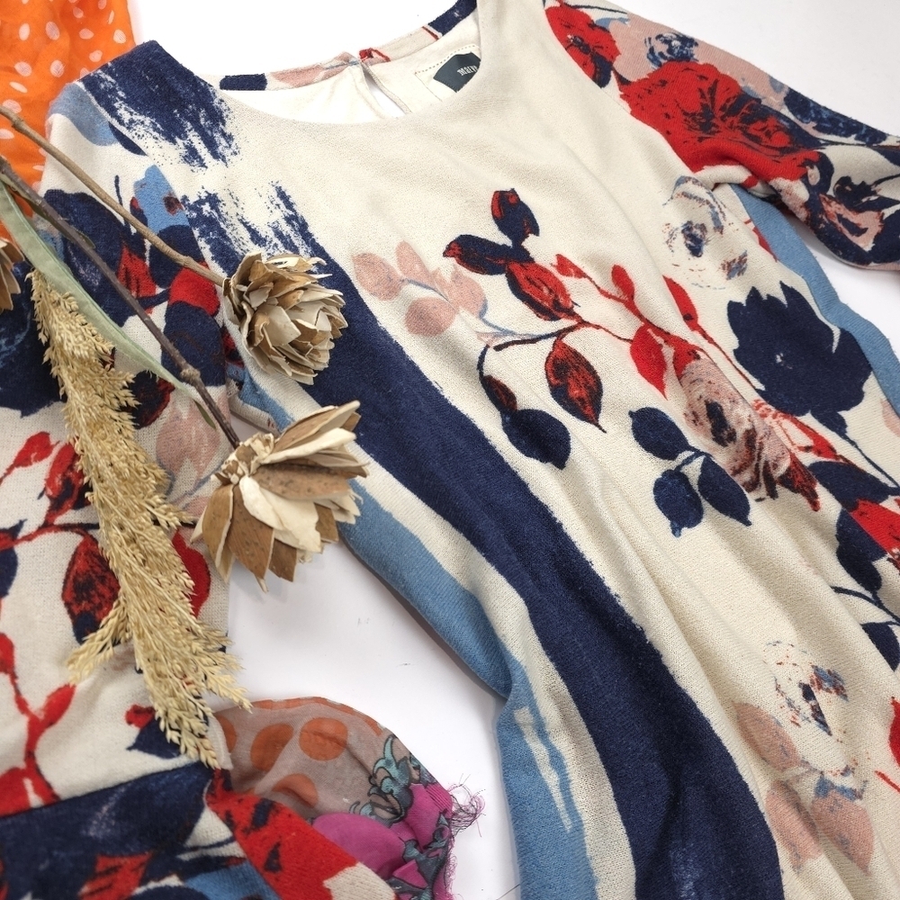 Maeve Anthropologie Blue Cream Floral Dress Sz L - Picture 3 of 13